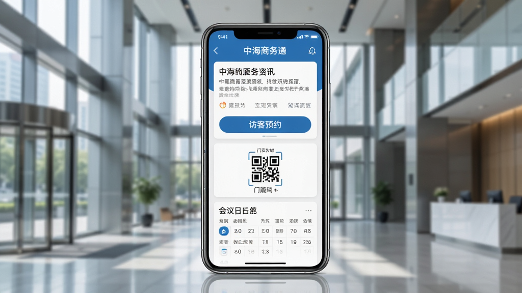 画面中央是一部智能手机,屏幕上显示中海商务通应用的主界面,界面包含商务资讯卡片、访客预约按钮、门禁二维码图标和会议日程模块,背景是现代化的甲级写字楼大堂,玻璃幕墙透入自然光,主体突出手机屏幕内容,布局为居中构图,风格为写实商务科技风,细节包括界面图标清晰、文字锐利、手机边缘有轻微反光,画质为高清4K,画面干净无多余元素