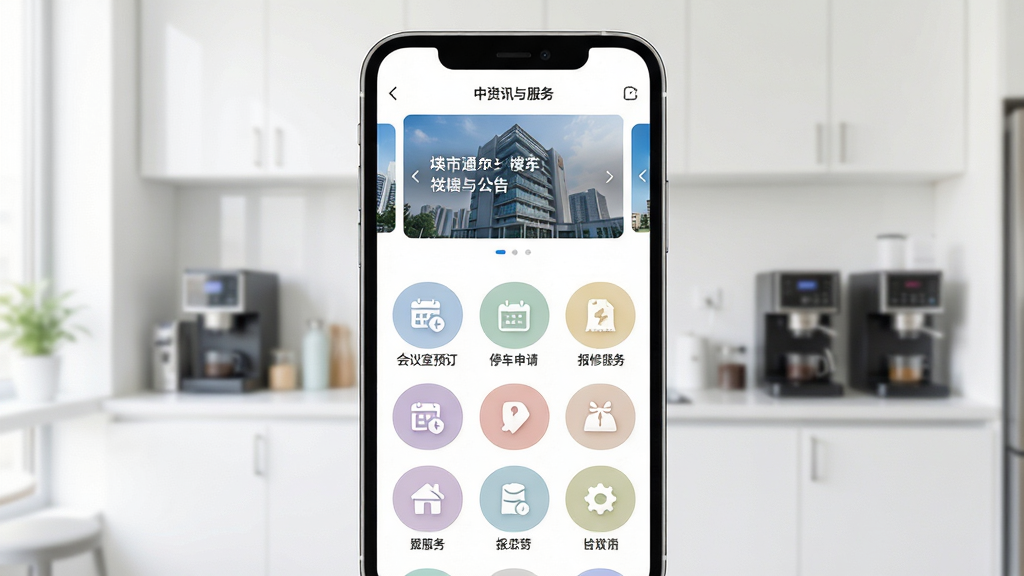 手机屏幕展示中海商务通的资讯与服务页面,上方是楼宇公告轮播图,下方是会议室预订、停车申请、报修服务等图标矩阵,背景为明亮的办公室茶水间,主体为手机屏幕内容,布局为居中展示构图,风格为清新商务写实,细节包括图标色彩柔和、公告文字清晰、手机屏幕无指纹,画质高清,画面干净无多余元素
