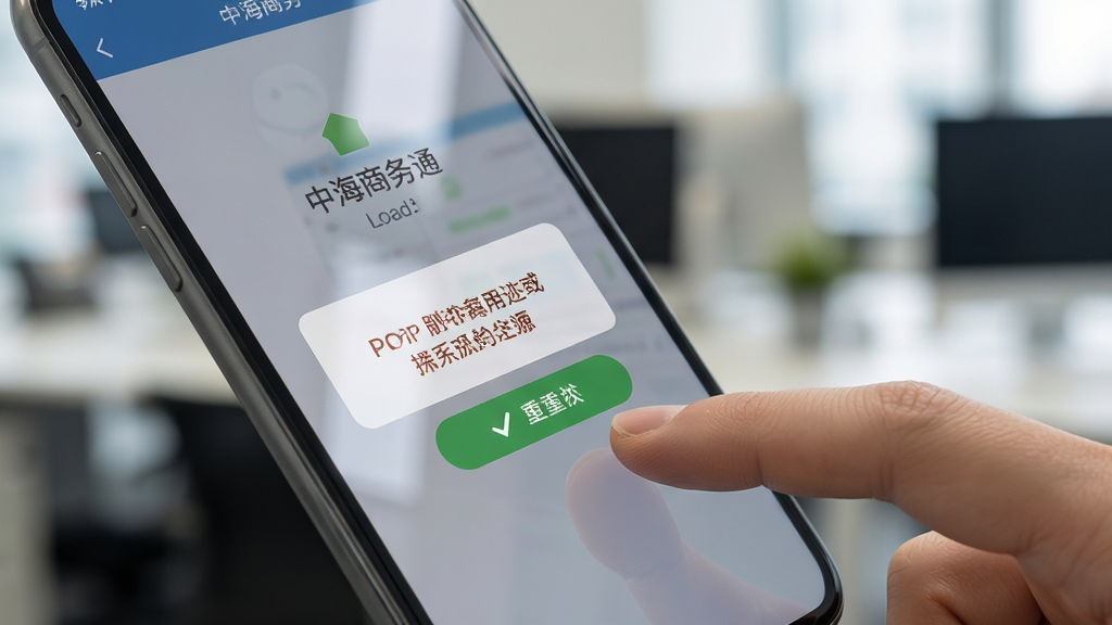 手机屏幕显示中海商务通应用出现加载提示或错误弹窗,旁边有一只手正在点击重试按钮,背景为模糊的办公环境,主体为手机屏幕与手指动作,布局为对角线构图,风格为写实问题解决场景,细节包括弹窗按钮清晰、手指自然、屏幕反光柔和,画质高清,画面干净无多余元素