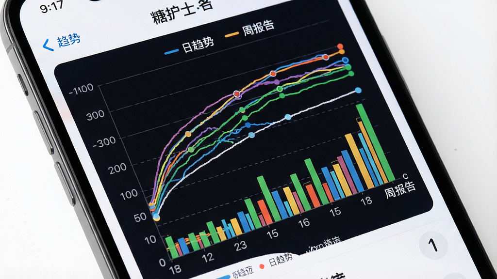 糖护士APP内血糖趋势图表的界面特写,画面中手机屏幕显示多条彩色曲线和柱状图,标注“日趋势”“周报告”等文字,背景为纯白色,风格为现代UI设计展示图,细节包括清晰的坐标轴、数据点、图例,画质清晰,干净,无多余元素
