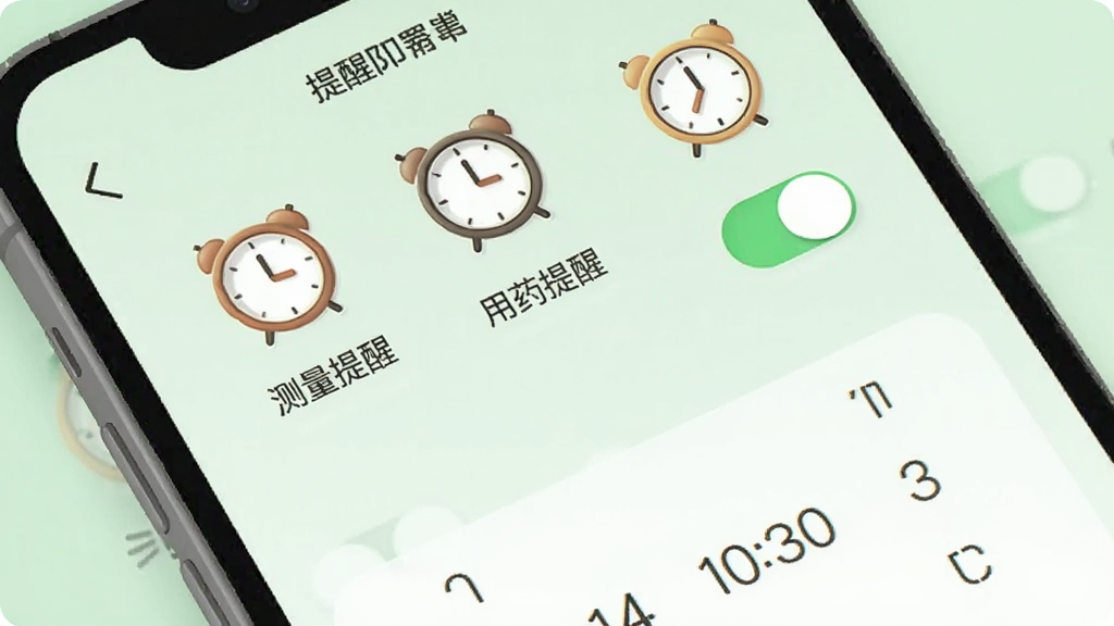 一部手机屏幕显示糖护士APP的提醒设置界面,画面中有多个闹钟图标和“测量提醒”“用药提醒”文字标签,背景为柔和的浅绿色,风格为简洁明快的图标插画,细节包括开关按钮、时间选择器,画质清晰,干净,无多余元素