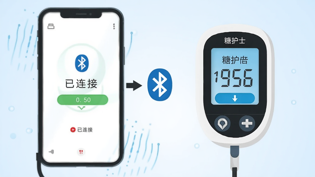 一部手机通过蓝牙连接糖护士血糖仪的示意图,画面左侧是手机屏幕显示“已连接”状态,右侧是糖护士血糖仪正在测量,背景为淡蓝色渐变,风格为扁平化科技插画,细节包括蓝牙图标、血糖数值跳动效果,画质清晰,干净,无多余元素