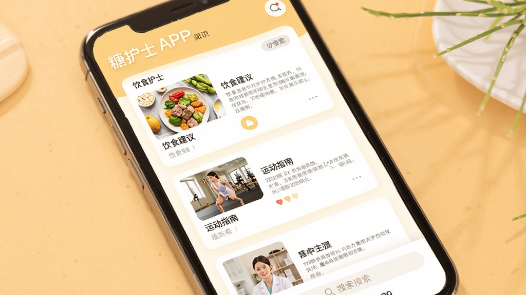 糖护士APP健康知识页面的手机界面展示,画面中屏幕显示“饮食建议”“运动指南”等卡片式文章列表,背景为暖色调,风格为清新阅读类UI设计图,细节包括文章缩略图、分类标签、搜索框,画质清晰,干净,无多余元素