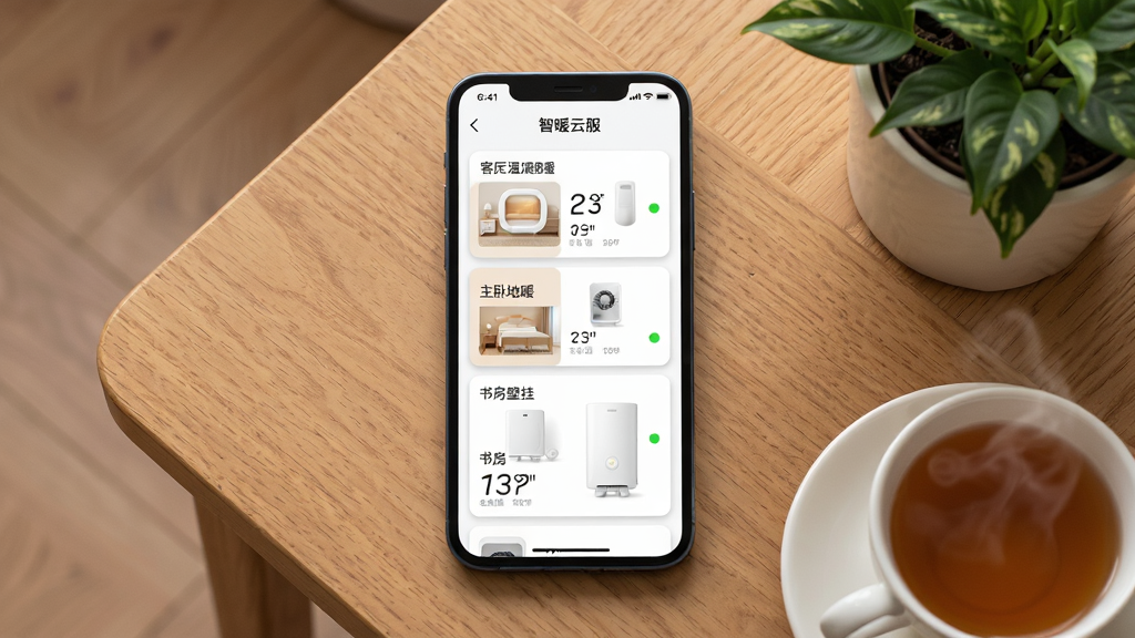 一部手机屏幕展示智暖云服App的设备列表页面,页面中排列着客厅温控器、主卧地暖、书房壁挂炉等多个设备卡片,每个卡片带有温度数值和在线状态圆点,手机平放在木质桌面上,旁边有一杯热茶和绿植,布局为手机居中、环境元素自然环绕,风格温馨居家,细节上卡片阴影柔和,画质清晰,干净,无多余元素