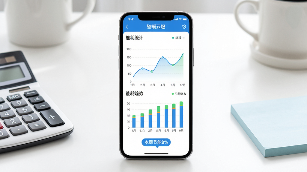 智暖云服App的能耗统计页面,手机屏幕显示折线图和柱状图组合的能耗趋势,图表下方有