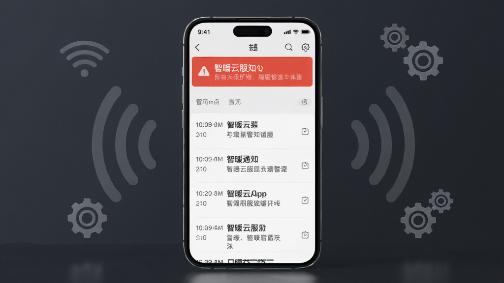 手机屏幕显示智暖云服App的告警通知与运行日志页面,页面顶部有红色告警横幅,下方是带时间戳的日志列表,手机放置在深灰色背景前,周围有抽象的无线信号波纹和齿轮图标,布局为手机居中、图标对称分布在两侧,风格沉稳专业,细节上通知文字清晰,画质高清,干净,无多余元素