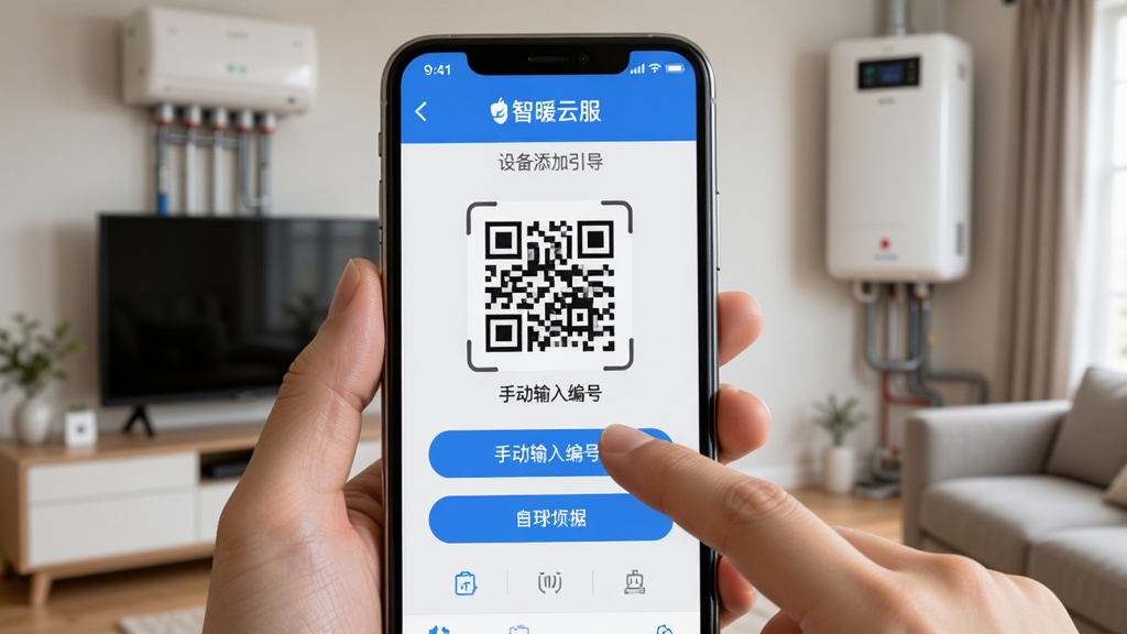 智暖云服App在手机上的设备添加引导页面,屏幕显示扫码框和手动输入编号的选项,手机被一只手握持,背景是客厅暖通设备,布局为手机屏幕占据画面主体,手指指向扫码区域,风格真实生活场景,细节上界面按钮清晰,画质高清,干净,无多余元素