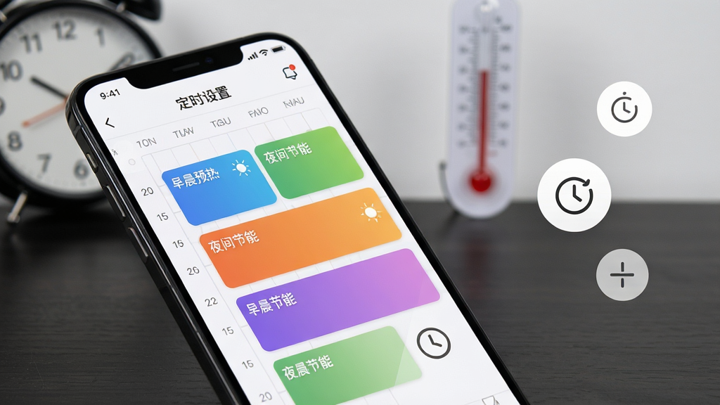 智暖云服App的定时设置界面截图风格画面,手机屏幕显示一周时间轴和多个定时任务色块,色块标注