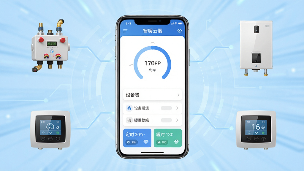 画面中央放置一部智能手机,屏幕显示智暖云服App的暖通控制界面,界面中有温度调节圆环、设备列表和定时开关卡片,手机周围环绕地暖分水器、壁挂炉和温控面板等设备图标,背景为浅蓝色渐变科技风格,整体布局采用居中对称排版,风格简洁现代,细节上界面文字清晰可辨,画质高清,干净,无多余元素