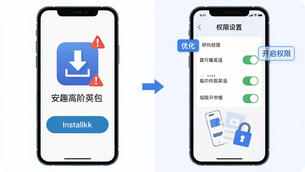 适趣高阶英语安装与权限设置操作指引图,画面展示手机屏幕从下载安装包到开启权限的步骤流程,采用左右分步排版,左侧为下载图标和安装按钮,右侧为权限开关示意图,风格为简洁商务扁平插画,细节上突出红色警示标识和蓝色优化提示标签,画质清晰,干净无多余元素