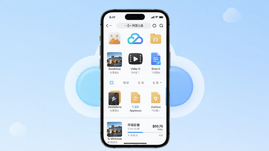 阿里云盘App主界面展示,画面中央是一部智能手机,屏幕上显示阿里云盘的文件列表页面,包含照片、视频、文档等分类图标,背景为干净的浅蓝色渐变,主体突出手机与云朵图标,布局居中对称,风格简洁科技感,细节上体现文件缩略图和存储容量条,画质清晰明亮,干净无多余元素。