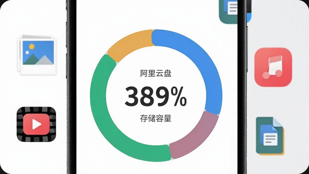 阿里云盘存储空间展示图,画面中一部手机屏幕显示存储容量环形图,周围环绕着照片、视频、音乐、文档等图标,背景为白色与浅灰色搭配,主体突出容量数字与图标,布局环形排列,风格清新简洁,细节上体现不同文件类型的色彩区分,画质清晰,干净无多余元素。
