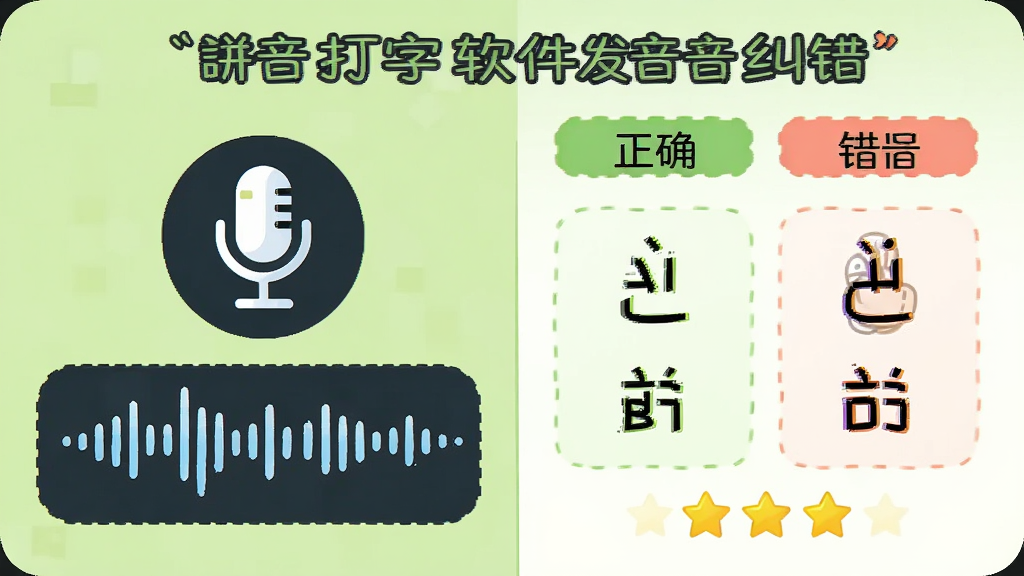 学拼音打字软件发音纠错界面,画面显示麦克风图标和声波波形,旁边有正确与错误发音对比标记,背景为淡绿色,排版左右分栏,风格友好活泼,细节包含拼音字母和评分星星,画质清晰,干净无多余元素