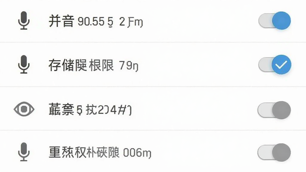 学拼音打字软件权限设置界面截图风格,画面展示安卓应用权限管理页面,麦克风与存储权限被勾选,其他权限为关闭状态,背景为白色,排版列表式,风格简洁实用,细节包含权限图标和开关按钮,画质清晰,干净无多余元素