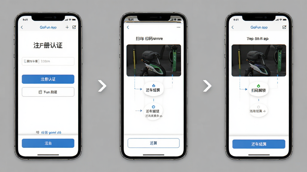 GoFun出行app实操教程示意图,画面展示一部手机屏幕上的GoFun出行app操作界面,包含注册认证、扫码解锁、还车结算三个步骤的截图排列,布局采用从上到下的流程式排版,风格为简洁教程风,细节包含每一步的操作按钮与提示文字,画质高清,干净,无多余元素