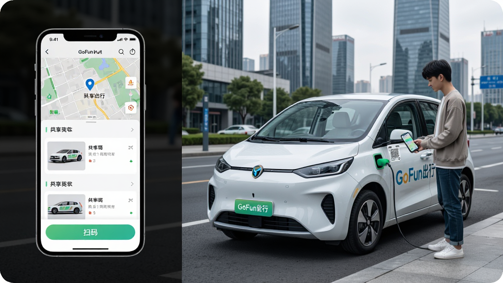 GoFun出行共享汽车app界面展示,主体为一辆白色新能源共享汽车停靠在城市路边,车身印有GoFun出行标志,旁边一位年轻用户正用手机扫码解锁,背景为现代城市街道与高楼,布局采用左右分栏,左侧展示手机app界面截图,右侧展示车辆实景,排版简洁清晰,风格为写实科技风,细节包含app界面上的地图定位、车辆列表、扫码按钮等元素,画质高清,干净,无多余元素