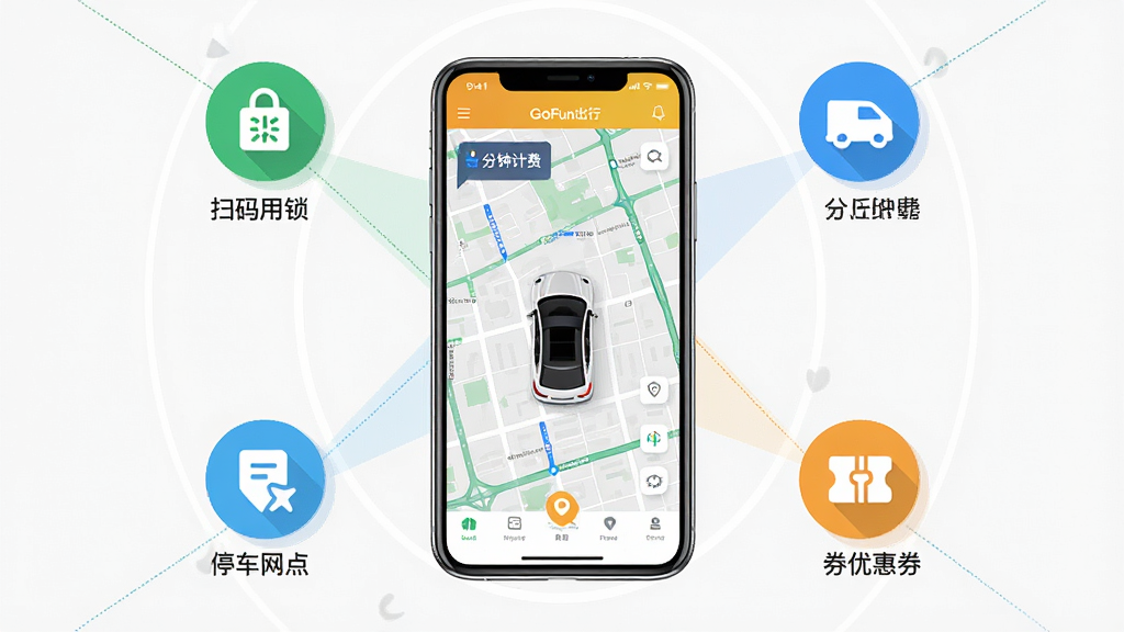 GoFun出行app核心功能展示图,画面中心为一部智能手机,屏幕上显示GoFun出行app的车辆地图界面,周围环绕多个功能图标代表扫码解锁、计时计费、停车网点、优惠券等,布局采用中心辐射式排版,风格为扁平化科技风,细节包含图标上的文字标签如扫码用车、分钟计费、附近网点,画质高清,干净,无多余元素