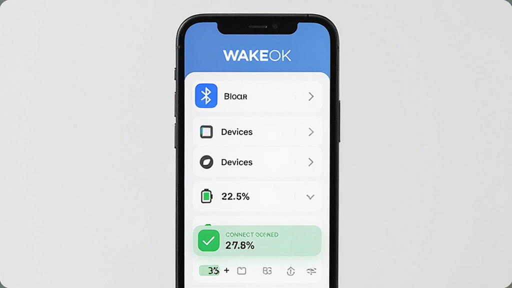 主体是手机屏幕显示WAKEOK应用界面,布局为手机居中特写,排版为界面上方显示