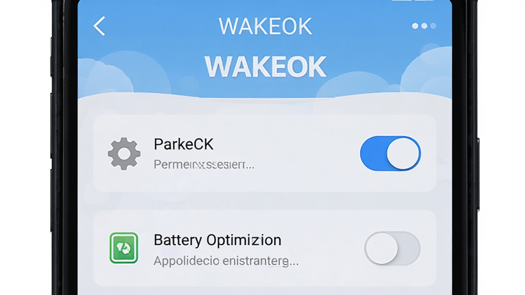 主体是手机屏幕显示WAKEOK应用的设置界面,布局为手机正面居中特写,排版为界面上方显示