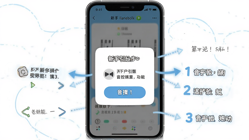 音控新手操作界面,手机屏幕显示新手引导步骤与功能标注,界面有箭头指示和文字说明,主体为手机与引导弹窗,布局居中对齐,排版清晰,风格为友好教学风格,细节包含高亮按钮和步骤编号,画质高清,干净,无多余元素