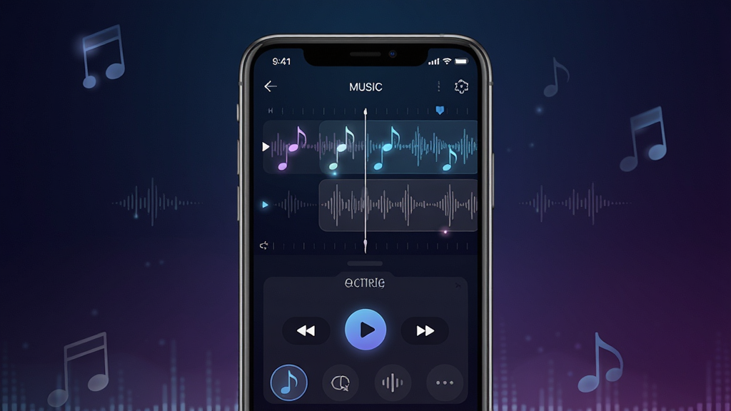 音控软件主界面展示,手机屏幕中央显示音控APP的音乐创作界面,包含旋律轨道、播放按钮和风格选择区域,背景为深色渐变,主体突出手机与界面,布局居中,排版简洁,风格为科技感数字艺术,细节包含音符光效和声波纹理,画质高清,干净,无多余元素