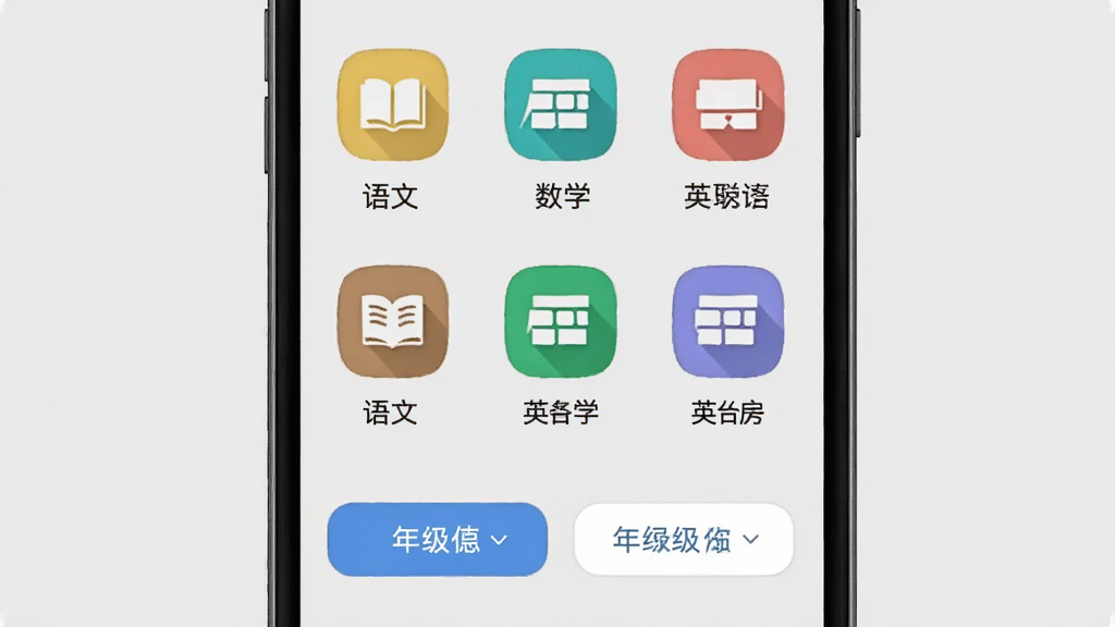 答案阅读海量题库界面,手机屏幕展示分类目录,包括语文、数学、英语等学科图标,下方有年级筛选按钮,背景为浅灰色,布局整齐,画质清晰,干净无多余元素
