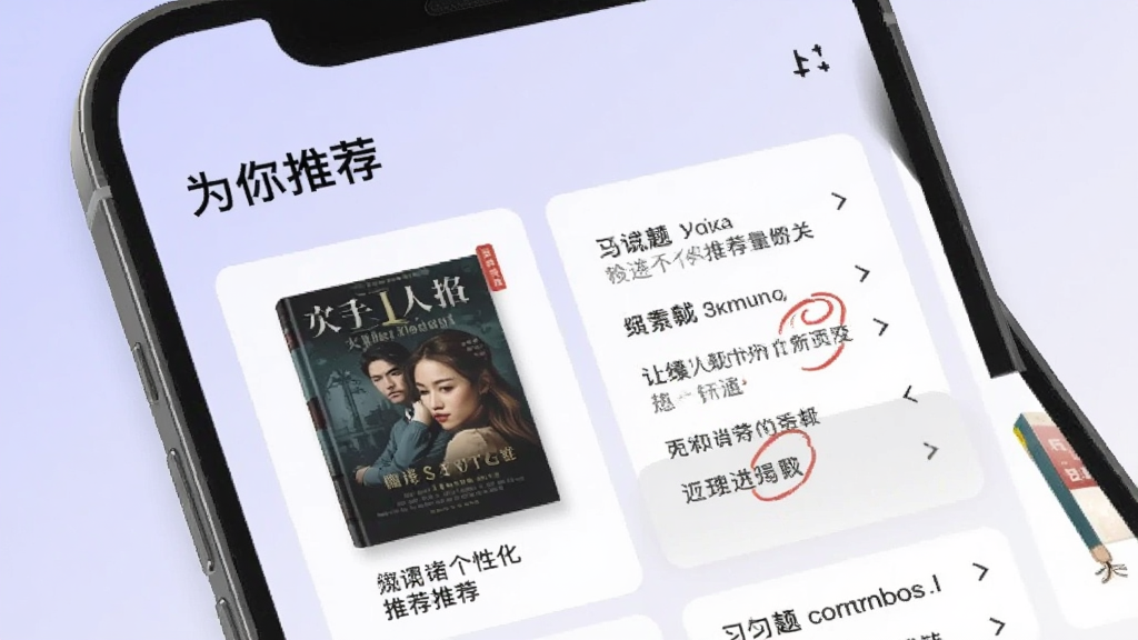 答案阅读个性化推荐页面,手机屏幕展示推荐书籍封面与习题列表,顶部有“为你推荐”字样,背景为淡紫色渐变,卡片式布局,画质清晰,干净无多余元素