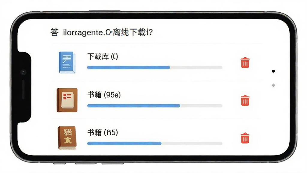 答案阅读离线下载功能界面,手机屏幕显示下载管理列表,包含已下载的题库和书籍,有进度条和删除按钮,背景为白色,图标简洁,画质清晰,干净无多余元素