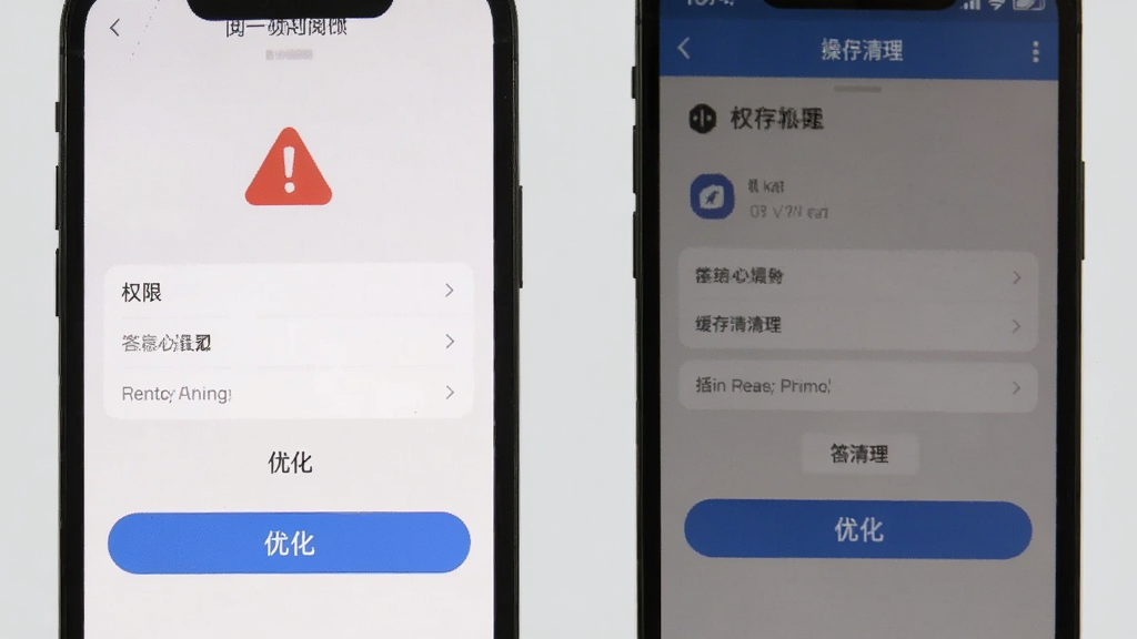 答案阅读新手操作示意图,手机屏幕展示权限设置页面与缓存清理界面,有红色警告图标和蓝色优化按钮,背景为浅灰色,布局清晰,画质干净