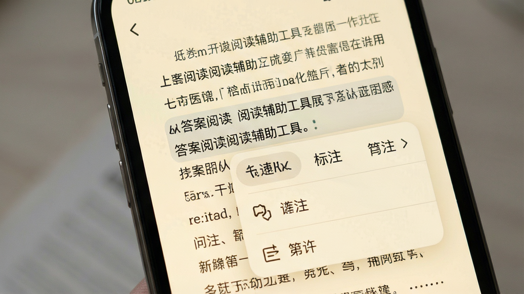 答案阅读阅读辅助工具展示,手机屏幕显示电子书阅读界面,选中一段文字后弹出翻译、标注、笔记菜单,背景为米黄色护眼模式,画质清晰,干净无多余元素