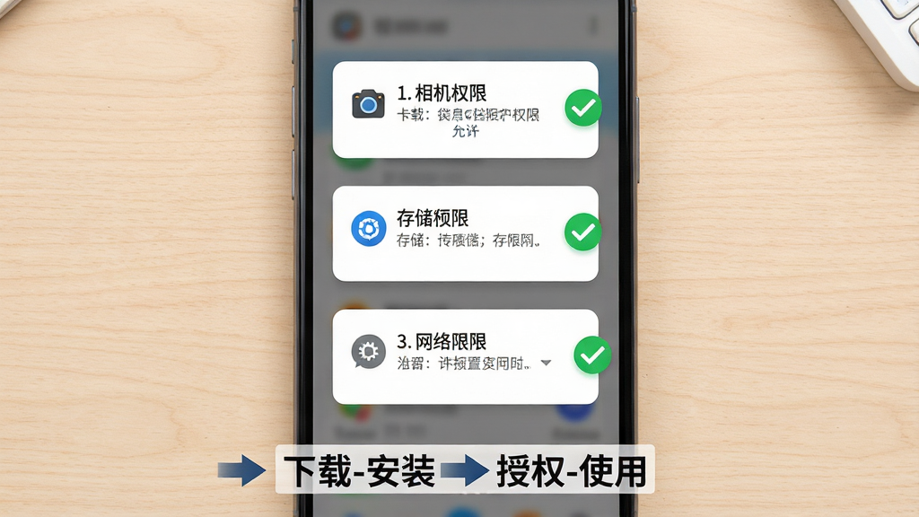 一张展示“卡游”安装与权限设置步骤的示意图,画面主体为一部手机屏幕,屏幕上依次展示三个权限请求弹窗,分别是相机权限、存储权限和网络权限,每个弹窗旁边有绿色对勾标记表示已允许。手机下方有步骤箭头指示“下载-安装-授权-使用”。背景为浅色木质桌面,整体风格清晰直观,适合教程配图,画质高清,干净无多余元素。