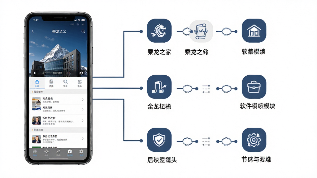 乘龙之家软件功能模块示意图,左侧为手机界面截图,右侧用线条连接各功能图标并标注文字说明,背景为白色,布局对称,风格商务简洁,细节清晰,画质高清,干净,无多余元素