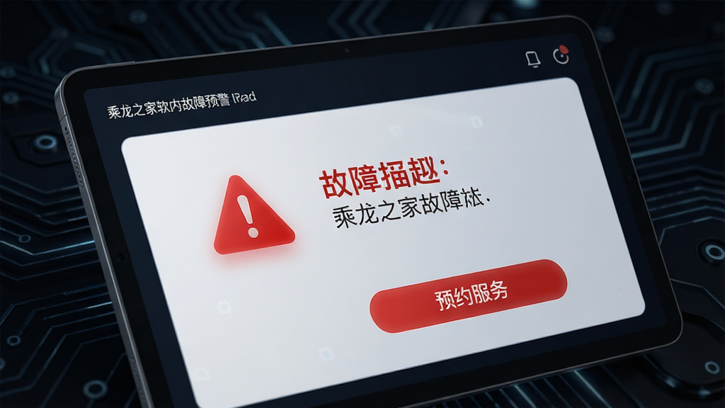 乘龙之家软件内故障预警页面特写,屏幕显示红色警示图标与故障描述文字,旁边有预约服务按钮,背景为深色科技风格,布局清晰,风格简约,细节精致,画质高清,干净,无多余元素