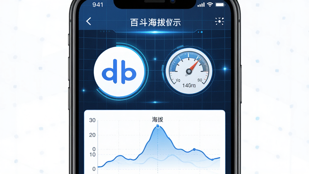 一款名为百斗海拔仪的软件功能展示图,画面中央是手机屏幕特写,屏幕上显示北斗卫星图标和气压计图标并列,下方有海拔曲线图,主体突出,布局上下结构,排版清晰,风格扁平化科技风,细节包含蓝色光效和网格背景,画质高清,干净,无多余元素