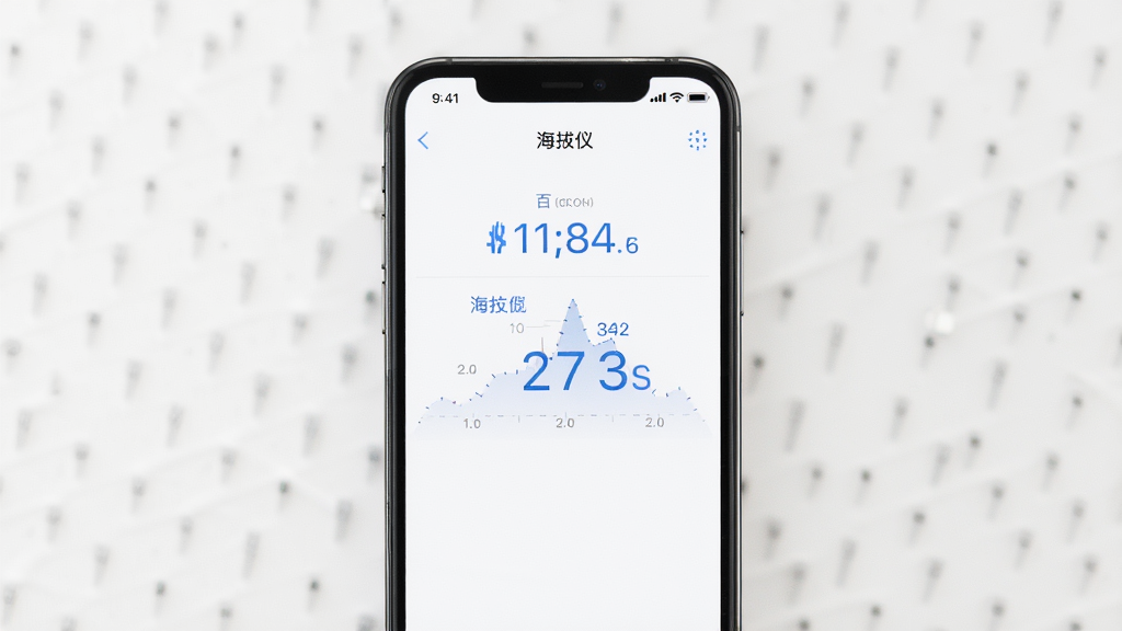 百斗海拔仪无广告纯净界面展示,画面中央是手机屏幕,屏幕上显示简洁的海拔数据页面,周围没有广告横幅,主体突出,布局居中对称,风格极简清爽,细节包含白色背景和蓝色数据文字,画质高清,干净,无多余元素