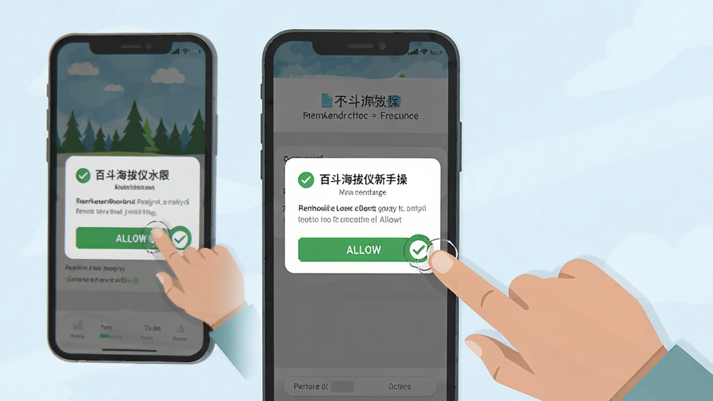 百斗海拔仪新手操作示意图,画面中央是手机屏幕显示权限设置页面,旁边有手指点击允许按钮的动作,主体明确,布局为左右分栏,风格扁平插画风,细节包含权限弹窗和绿色勾选标记,画质高清,干净,无多余元素