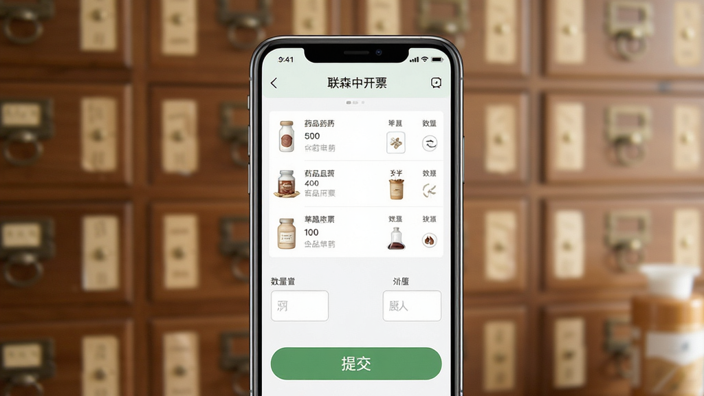主体为手机屏幕展示联森中药开票界面,布局为手机正面特写,排版为居中构图,风格为清新简约风,细节包括屏幕中显示药品列表、数量输入框和提交按钮,背景为虚化的中药房药柜,画质为高清,干净,无多余元素