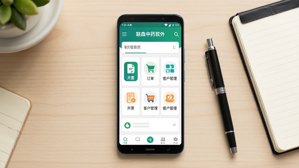 主体为一部安卓手机屏幕显示联森中药软件首页界面,布局为手机居中放置于浅色木质桌面,排版为竖版构图,风格为简洁商务科技风,细节包括界面中清晰显示开票、订单、客户管理等功能图标,手机旁放置一支笔和一个记事本,画质为高清4K,干净,无多余元素
