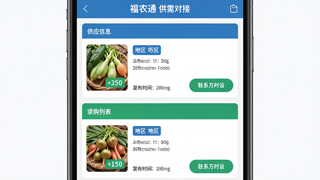 主体为手机屏幕展示福农通供需对接页面,包含供应列表和求购列表;布局为上下分栏,上方供应信息,下方求购信息;排版清晰,每条信息带有地区标签和联系方式按钮;风格为清爽商务风,蓝色与绿色搭配;细节包括农产品图片、价格标签、发布时间;画质高清,画面干净,无多余元素