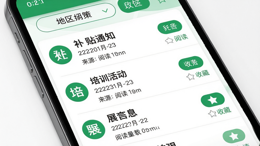 主体为手机屏幕显示福农通政策资讯列表,包含补贴通知、培训活动、展会信息;布局为纵向列表,每条资讯有标题、日期和来源;排版规整,顶部有地区切换按钮;风格为新闻资讯简洁风,白色背景配绿色点缀;细节包括政策图标、阅读量、收藏按钮;画质高清,画面干净,无多余元素