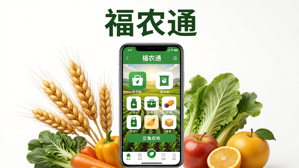 主体为一部智能手机,屏幕上显示福农通软件首页界面,包含农田背景和农资商品图标;布局为手机居中放置,周围环绕麦穗、蔬菜、水果等农业元素;排版简洁,上方留白放置