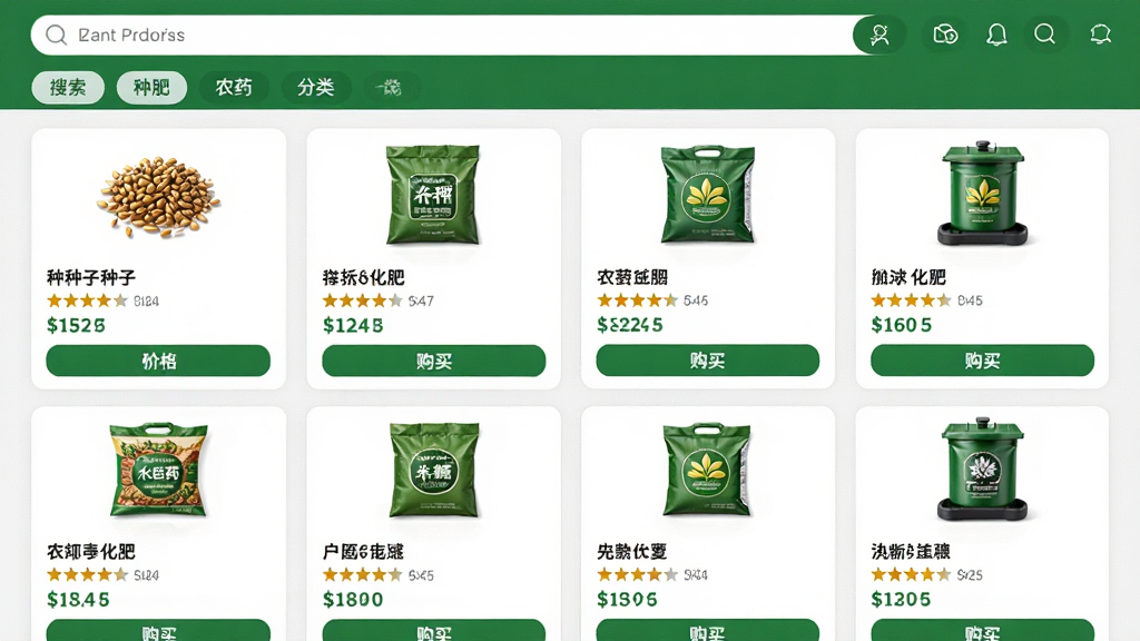 主体为一个农资商品列表页面,展示种子、化肥、农药等商品卡片;布局为网格状排列,每张卡片包含商品图片、名称、价格和购买按钮;排版整齐,顶部有搜索栏和分类标签;风格为现代电商简洁风,绿色主色调;细节包括清晰的商品缩略图、星级评分、已售数量;画质高清,画面干净,无多余元素
