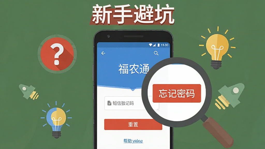 主体为一部安卓手机显示福农通登录界面,旁边放置一个放大镜图标聚焦在
