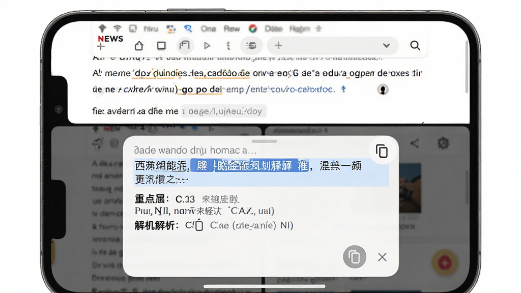 西语助手跨软件划译功能演示,画面展示手机分屏场景,上半部分为西语新闻网页,下半部分弹出西语助手翻译浮窗,浮窗内显示选中句子的中文翻译与重点词汇解析,风格为实用工具类界面,细节包含复制图标与关闭按钮,画质高清,干净,无多余元素