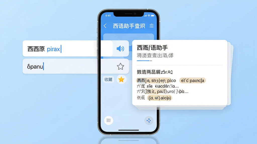 西语助手软件主界面全貌展示,画面中央放置一部智能手机,屏幕显示西语助手查词界面,左侧为西班牙语单词输入框,右侧为中文释义与例句卡片,背景为浅蓝色渐变,布局简洁对称,风格为现代扁平化UI设计,细节包含发音喇叭图标、收藏星标、动词变位标签,画质高清,干净,无多余元素