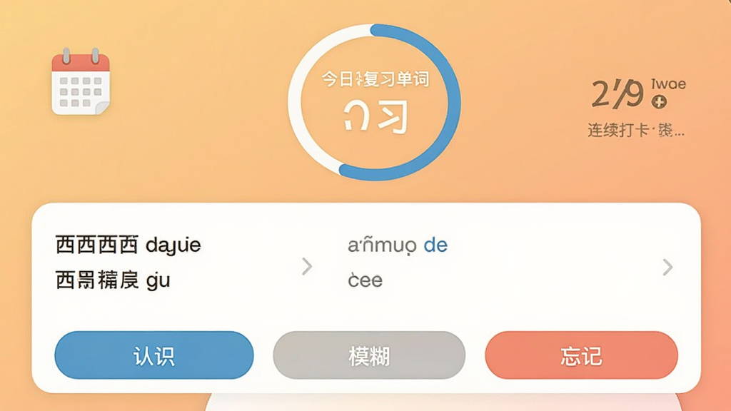 西语助手背单词计划界面,手机屏幕显示今日待复习单词数量与进度环,下方有单词卡片展示西语单词与中文释义,底部有“认识”“模糊”“忘记”三个按钮,背景为浅橙色渐变,风格为轻量学习工具,细节包含日历图标与连续打卡天数,画质高清,干净,无多余元素