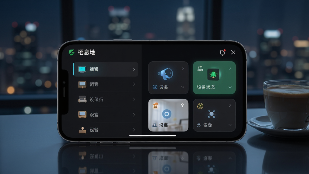 画面展示一部手机横屏放置,屏幕显示“栖息地”APP的远程控制界面,左侧是房间列表,右侧是设备状态卡片,背景是夜晚城市窗景,手机旁有一杯咖啡,布局为左右分栏,风格为暗色科技风,细节包括界面文字清晰、图标发光、倒影自然,画质超清,干净无多余元素