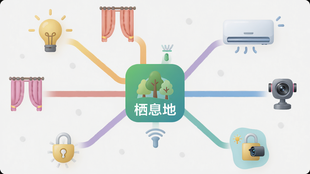 画面为一张扁平化信息图,中心是“栖息地”APP图标,向外延伸出多条彩色线条连接灯泡、窗帘、空调、摄像头、门锁等设备图标,布局呈放射状,风格简洁明快,细节包括图标圆润、色彩柔和、背景浅灰,画质高清,干净无多余元素