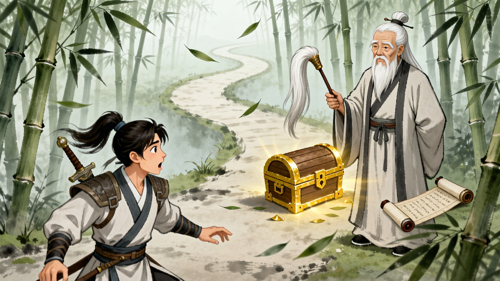 游戏奇遇事件场景插画,画面展示一个武侠角色在竹林小径上遇到一位白发老者,老者手持拂尘,身旁有宝箱和卷轴。布局采用对角线构图,角色在左下,老者在右上,中间是蜿蜒的小路。风格为古风写意,细节上竹叶随风飘落,老者仙风道骨,角色表情惊讶,宝箱有金色光芒。画质高清,画面干净,无多余元素。