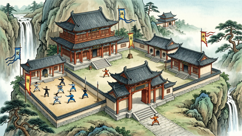 游戏门派场景插画,主体是一座依山而建的中式门派建筑群,有演武场、藏经阁、炼丹房等设施。布局采用俯瞰视角,建筑错落有致,山门前有弟子正在练武。风格为工笔建筑画,细节上飞檐斗拱清晰可见,旗帜飘扬,练武弟子动作整齐,背景有瀑布和松树。画质高清,画面干净,无多余元素。